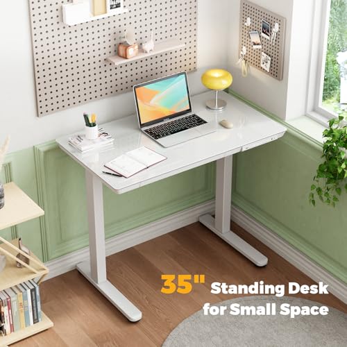35" Electric Standing Desk with Drawer, One-Piece Glass Top - color: White Glass-top, size: 35"