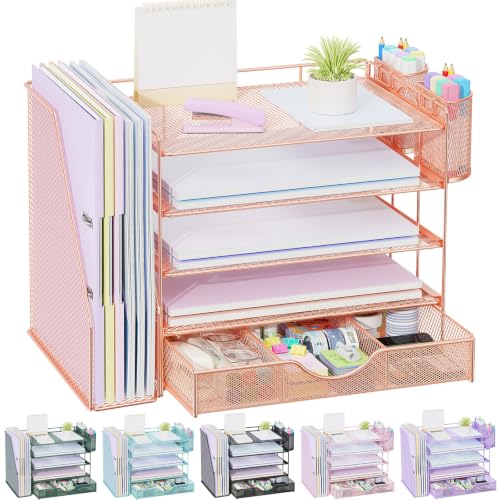 gianotter 5-Tier Desk Organizer with Drawers and File Holders | Letter Trays and Pen Holders - Workspace Accessories for Office Supplies (Rose Gold) - color: Rose Gold, size: 5T
