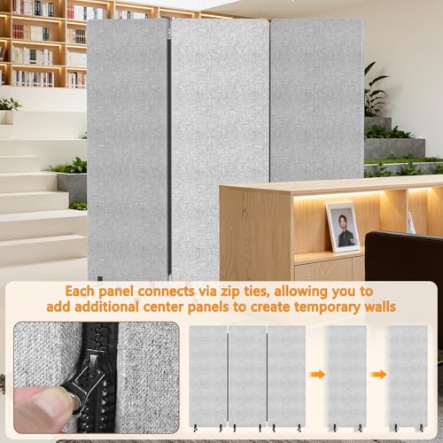 Soundproof Room Divider with Wheels, 66in Acoustic Room Divider Panel, 3 Panel Office Partition Wall for Noise Cancelling, Portable Temporary Wall Cubicle Divider (Light Grey) - color: Light Grey