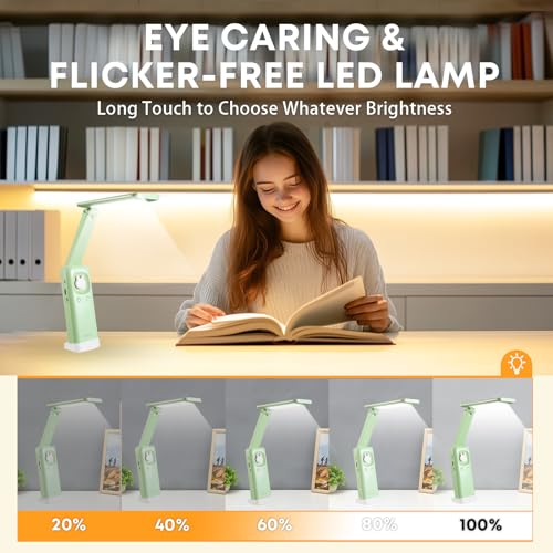 VAVOFO Cute Bunny Desk Lamp, Foldable LED Rechargeable Eye-Caring Reading Light, 3 Color Modes Dimmable Night Light for Kids Girls Bedroom Study Dorm Room (Mint Green) - color: Green