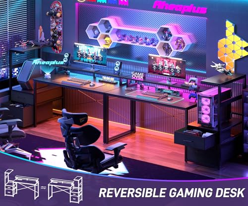 Aheaplus 59" Gaming Desk with RGB LED & Power Outlet &PC Case/Printer Stand - color: Carbon Fiber Black