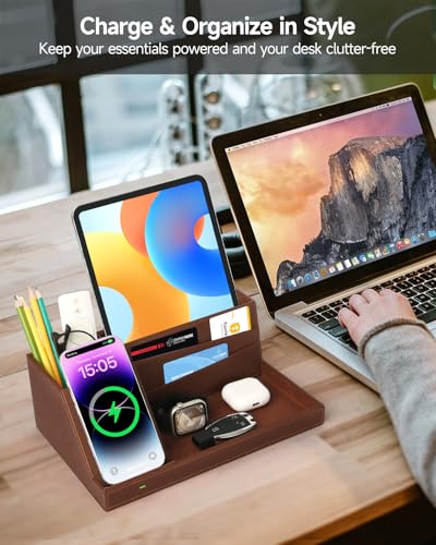 Fast Wireless Charging Station with Desk Organizer for iPhone 17/16/15/15 Pro/14/14 Pro Max/14 Pro/14 Plus/13/13 Pro Max/13 Pro/and iPhone 12/11 Series, Nightstand Desktop Organizer, Brown - color: Brown