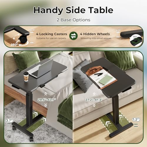180° Tilt Foldable Standing Desk 32" Bedside Table on Wheels | Pneumatic Height Adjustable Rolling Laptop Desk with 4 Hidden or Lockable Casters, Portable Overbed Table for Sofa Bed, Black - color: Black
