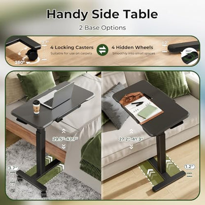 180° Tilt Foldable Standing Desk 32" Bedside Table on Wheels | Pneumatic Height Adjustable Rolling Laptop Desk with 4 Hidden or Lockable Casters, Portable Overbed Table for Sofa Bed, Black - color: Black