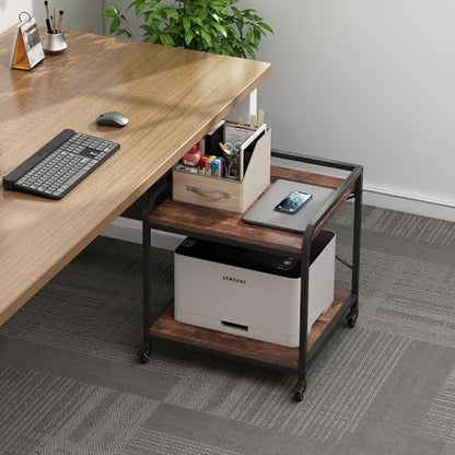 Fannova Large Size Under Desk Printer Stand, Height Adjustable Top Shelf | Table Top 20"x20", Fits 3D/Laser Printer, Heavy Duty Industrial Wheels, 2 Tier Rolling Cart Home Office Storage, Rustic Brown - color: Rustic Brown
