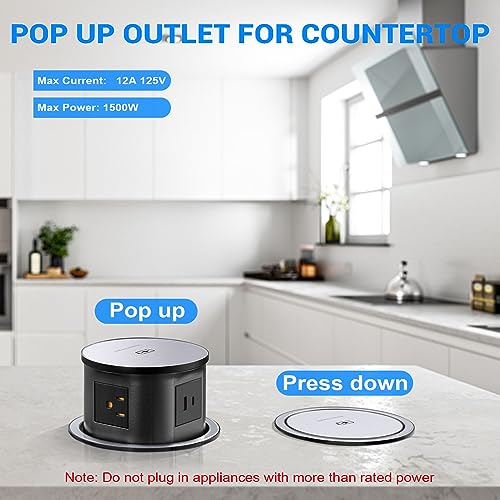 XBA Pop Up Outlet for Countertop with 20W USB C, Recessed Power Strip 4-3/4'' Hidden Outlet with 15W Wireless Charger Electrical Power Socket with 4 AC Plug and 1 USB-A Port for Kitchen(Black) - color: Black
