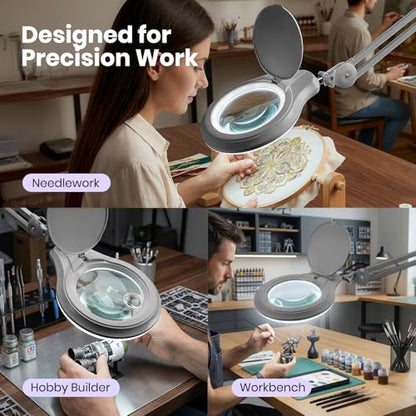 Neatfi LED Bifocal Magnifying Lamp 1,200 Lumens – 5” Glass Lens, Dual Magnification 2.25X/6X, Dimmable | Adjustable Arm with Clamp | Crafting, Jewelry & Reading (5 Diopter + 20 Diopter, Silver) - color: Silver, size: 5 Diopter + 20 Diopter