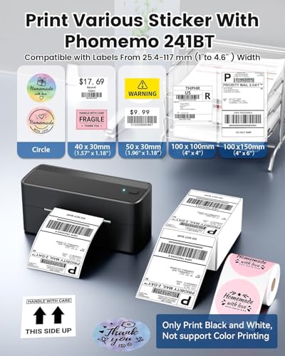 Phomemo Bluetooth Shipping Label Printer, 241BT 4x6 Thermal Label Printer | Wireless Label Printer for Small Business and Shipping Package, Compatible with iPhone, Android, Amazon, Shopify, USPS, Black - color: Black