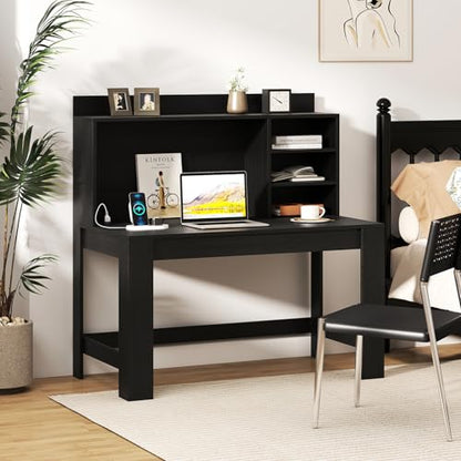 GIANTEX Computer Desk with Hutch, Modern Home Office Desk with Power Outlets, Storage Shelves & Cable Hole, Makeup Vanity Table, Study Writing Desk for Bedroom Office Small Space (Black) - color: Black
