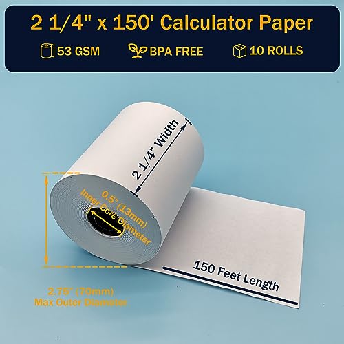 2 1/4 in x 150 ft Calculator Paper Rolls 2 1/4 Adding Machine Tape Paper Rolls, for HR-10RC, HR-170RC, HR-200RC, EL-1197PIII, EL-1801V, P23-DHV-3, CP-90A, MP11DX-2, 1280-2, 53 GSM, 10 Rolls