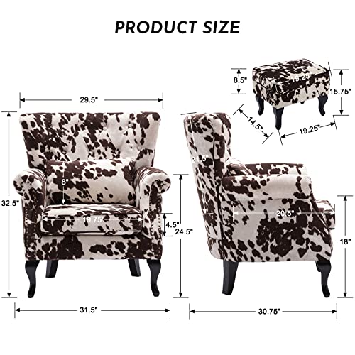LZAREAL Accent Reading Arm Chairs with Ottoman for Living Room Bedroom, Midcentury Modern Comfy Corner Sofa Chair, Wingback Waiting Room Club Chair with Button Tufted Back &Lumbar Pillow, Fabric Cow - color: Fabric Cow, size: 1 Chair W/ Ottoman