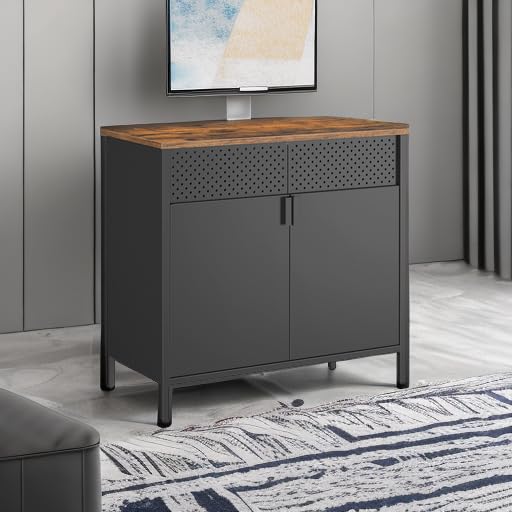 SONGMICS Storage Cabinet, Sideboard with Adjustable Shelves - color: Rustic Brown + Black, size: 31.5"W, style: 1 pack