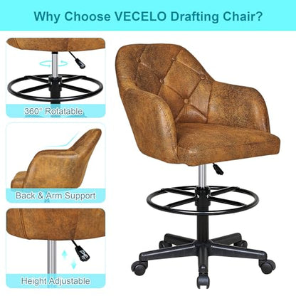 VECELO Drafting Chair with Low Back and Footrest Ring, Height Adjustable, Swivel Rolling Wheels, for Drawing/Standing Desk/Office, Linen Fabric，Brown