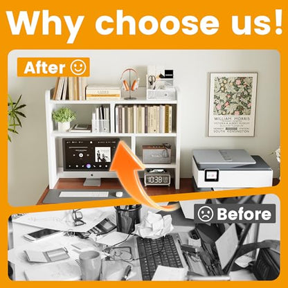 Desk Shelf, Desktop Hutch with 6 Storage Areas, Desktop Organizer Shelf with 27" Large Monitor Compartment, Multipurpose Wood Desktop Display Rack for Computer Desk, Dorm, Office, Home (White)