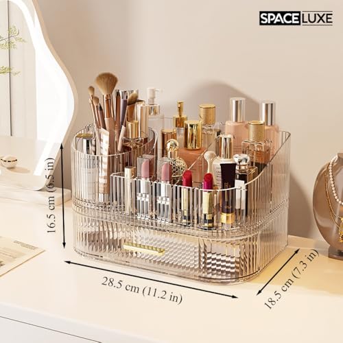 Makeup Organizer with Drawers, 360° Rotating Brush Holder | 2-Tier, Cosmetic storage for vanity, skincare, perfume, hair accessories, lipstick and jewelry, Clear - color: Clear, size: 2-layer