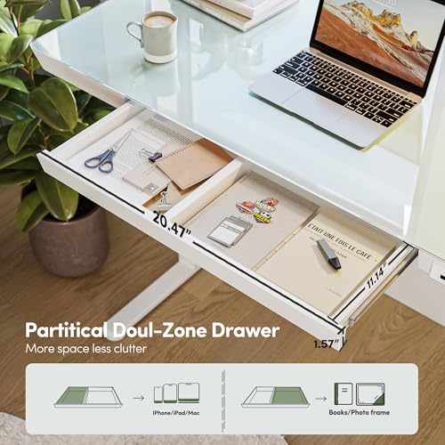 BANTI Electric Standing Desk with Drawers, 55 inch Whole-Piece Glass Desktop, Height Adjustable Stand up Sit Stand Home Office Ergonomic Workstation, White Tabletop - color: White, size: 55 Inch