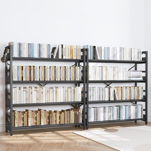 HCHQHS Bookshelf, Adjustable Industrial Bookcase, Vertical Tall Book Shelf, Wood and Black Metal Open Bookshelves for Home Office, Living Room, Bedroom (Black, 4-Tier (47" W x 44" H)) - color: Black, size: 4-Tier (47"W x 44"H)