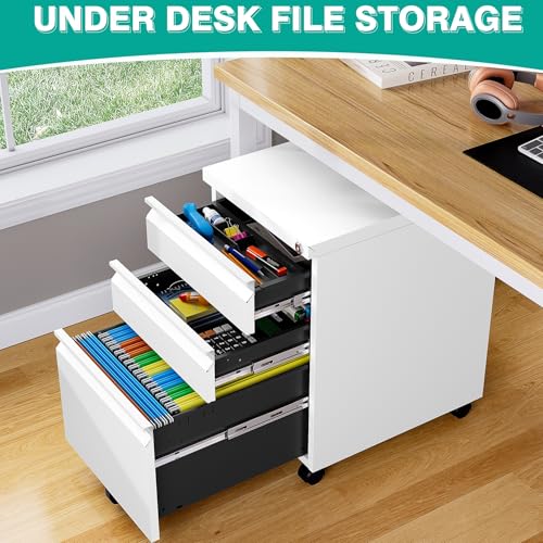 Assembled 3 Drawer File Cabinet with Wheels,Under Desk File Cabinet with Lock,White Rolling Filing Cabinets, Metal Filing Cabinets for Home Office,Fit A4/Letter/Legal,Pre-Assembled Except Caster - color: White, style: 3 Drawer