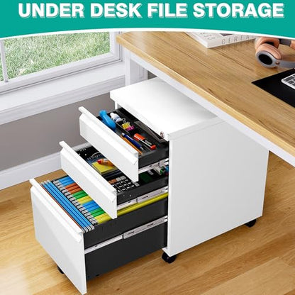 Assembled 3 Drawer File Cabinet with Wheels,Under Desk File Cabinet with Lock,White Rolling Filing Cabinets, Metal Filing Cabinets for Home Office,Fit A4/Letter/Legal,Pre-Assembled Except Caster - color: White, style: 3 Drawer