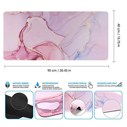 iCasso Extended Gaming Mouse Pad 35.4x15.7in Desk Pad,Glitter Marble | Non-Slip Rubber Base Mousepad with Stitched Edges, Waterproof Keyboard Mouse Mat Desk Pad for Work Office Game Home, - color: Glitter Marble