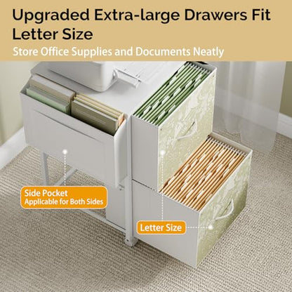 VINGLI 2 Drawer File Cabinet with Side Bag, Rolling File Cabinet Mobile Under Desk File Cabinet with Wheels, Fabric Drawers Printer Stand for Home Office, Fits Letter Size, White Green - color: White Green, size: Small 2 Drawers