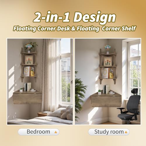 Pmnianhua Floating Corner Desk,Wall Mounted Table with Shelves,Folding Corner Shelf,Wall Corner Shelf for Small Space Computer(Rustic Grey)