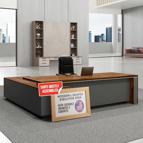 OfficeSimpli L Shaped Executive Desk with Drawers, Made in USA, 84x72x30 in - size: 84" x 72" x 30" (Credenza Right)