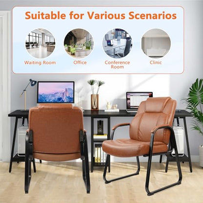 CLATINA Big and Tall Office Chair Set of 2 500lbs Leather Reception Chair with Bonded Padded Armrest Wide Seat Sled Base Desk Chair No Wheels for Reception Conference Waiting Room Side Office, Brown - color: Brown, size: 2 Pack