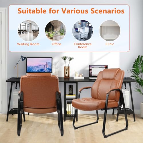 CLATINA Big and Tall Office Chair Set of 4 500lbs Leather Reception Chair with Bonded Padded Armrest Wide Seat Sled Base Desk Chair No Wheels for Reception Conference Waiting Room Side Office, Brown - color: Brown, size: 4 Pack