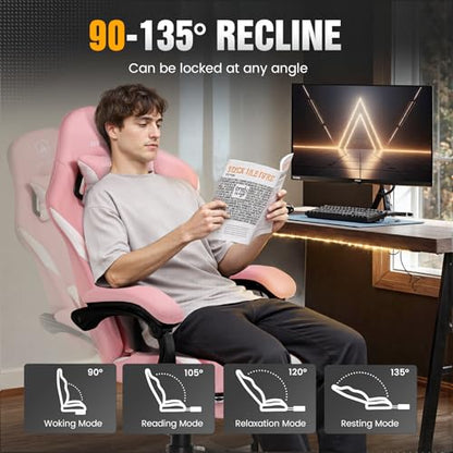GTPLAYER Gaming Chair with Foot Rest & Pocket Spring Cushion, Ergonomic High Back Computer Chair with Headrest & 360°-Swivel Seat for Home Office Desk, PU Leather, Pink - color: Pink, size: Faux Leather