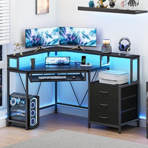 47" Corner Desk with Drawers, Power Outlets ＆ Printer Shelf for Small Space - color: Black