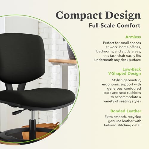 HON Volt Ergonomic Office Stool, Armless, Office Desk Computer Chair, Black - color: Leather Back - Stool