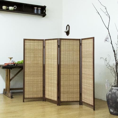 4 Panel Short Room Divider – 3.9 ft Tall Double-Side Folding Privacy Screen, Natural Brown Bamboo Partition Wall for Home Office, Living Room & Corner Spaces - color: Brown, size: 4 Panel