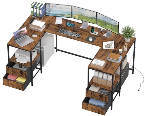 67" U Shaped Computer Desk, Reversible L Shaped Gaming Desk | Corner Desk with Power Outlets, 4 Drawers, 2 Storage Shelf, Computer Table with 4 Installation Methods, Rustic Brown - color: Rustic Brown, size: 35.4"D x 66.9"W x 30.3"H