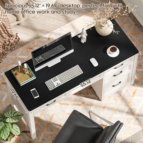 Vabches 55″ Farmhouse Desk with 5 Storage Drawers, Black | Large Home Office Computer Desk with Adjustable File Drawer, Executive Workstation with Storage for Study Writing Work