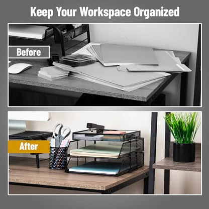 Mind Reader 2 Tier Paper Tray with Top Supply Compartment, Desktop File Organizer, Metal Mesh, Black - color: Black