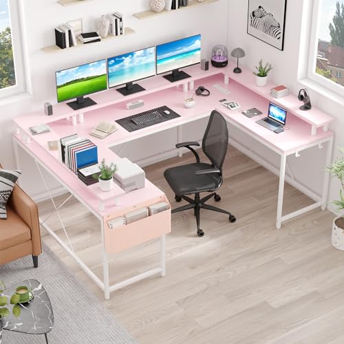 Reversible u Shaped to l Shaped Computer Desk with RGB Lighting & Charging Station, 79 Inch Home Office Workstation with Full Monitor Stand, Heavy Duty Gaming Desk Supporting 600LBS, Multiple Color Op - color: Pink