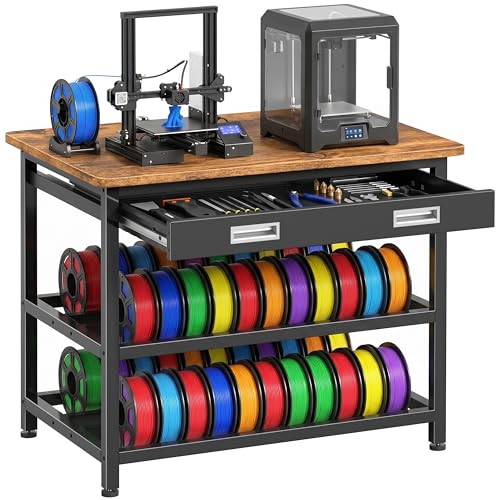 Heavy Duty 3D Printer Stand with Storage, 3D Printer Table with Metal Drawer,Sturdy 3-Tier Metal 3 D Printing Desk for 3 D Printers,Brown - color: Brown