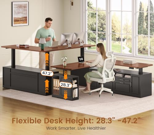 SEDETA Farmhouse L Shaped Executive Electric Standing Desk with 4 Drawers | 69" x 55" Height Adjustable Office Desk with Storage Shelves, Power Outlet, Sit Stand Computer Desk, Black and Brown - color: Black and Brown