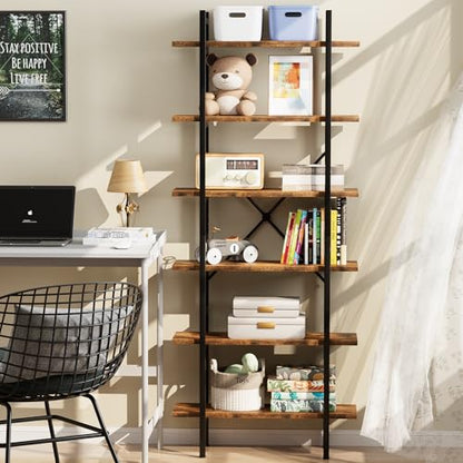 6 Tiers Bookshelf Organizer Industrial Tall Shelving, Modern Open Bookcase - color: Rustic Brown, size: 6-Tiers