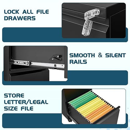 MIIIKO 2 Drawer File Cabinet on Wheels, Home Office Mobile Under Desk with Lock, Vertical Files Drawers for Legal/Letter/A4,Fully Assembled - color: Black, size: 2 Drawer-14.57"W -Mobile-b