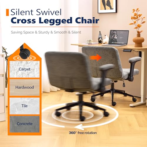 VINGLI Criss Cross Chair with Adjustable Flip-Up Arms,Cross Legged Chair with Wheels, Extra Wide Office Chair,Cozy Desk Chair for Home Office, Vanity, Apartment,Chenille Velvet,Grey - color: Grey