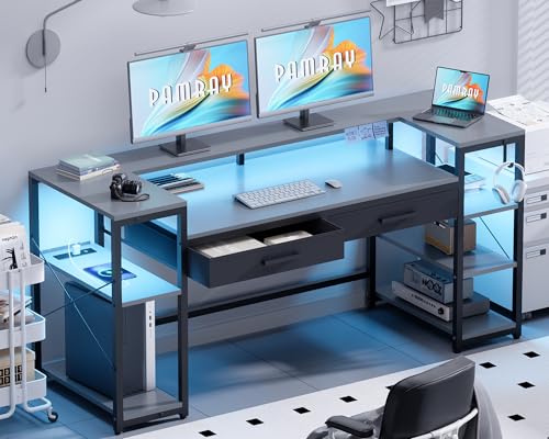 Pamray 58 Inch Gaming Computer Desk with Monitor Stand Drawers and Shelves | Ample Storage， Large Table with LED Lights & Power Outlets & USB Ports, Sturdy, Suitable for Gaming Home Office Work Study - color: Grey