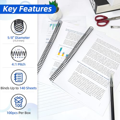 Rayson Plastic Spiral Binding Coil 5/8" (15.9mm), 140 Sheet Capacity, 4:1 Pitch Black Coil Bindings Spines - 100/Box for Business and Educational Purposes - size: 5/8" (140 Sheets Capacity)