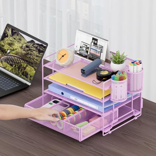 Marbrasse Desk Organizer, 4-Tier Paper File Letter Tray, Purple | Sturdy Paper Tray, File Holder, Built-in Drawer, 2 Pen Slots, fits Letters/Files, for School Home Office Supplies - color: Purple with Pen Holder