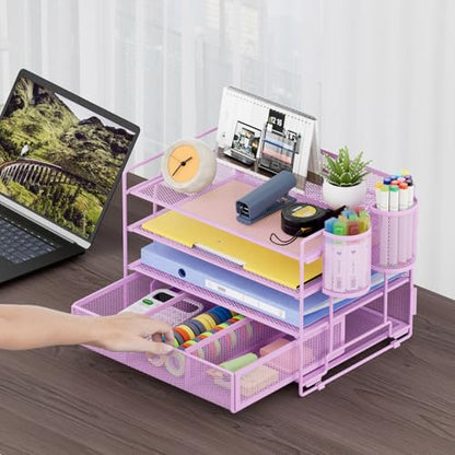 Marbrasse Desk Organizer, 4-Tier Paper File Letter Tray, Purple | Sturdy Paper Tray, File Holder, Built-in Drawer, 2 Pen Slots, fits Letters/Files, for School Home Office Supplies - color: Purple with Pen Holder