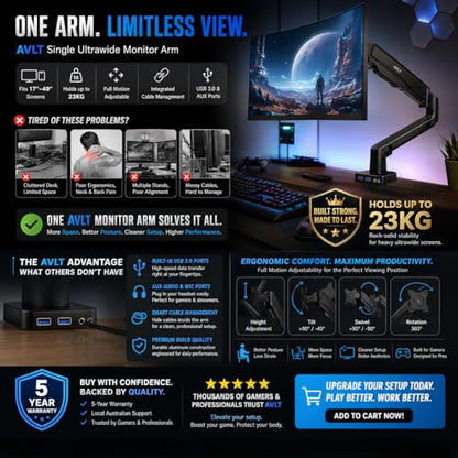 AVLT Single 17"-49" Super Ultrawide Monitor Arm Desk Mount Black | Screens up to 50 lbs Premium Aluminum Stand Adjustable Pneumatic Height Full Motion Swivel Tilt Rotation USB 3.0 & AUX Ports - color: Black