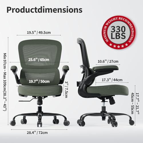 TRALT Ergonomic Office Chair Desk Chair with Adjustable Lumbar Support | Desk Chair Comfy with Flip-up Armrests Ergonomic Chair - Mesh Computer Chairs for Adults, 330lbs, PU Leather (Dark Green, 1) - color: Dark Green, size: Pack of 1