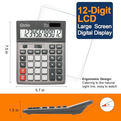 Desktop Calculator 12 Digit with Large LCD Display Big Buttons Basic Standard Function Solar Calculator with Battery Desk Calculators for Office School Home CF-1523