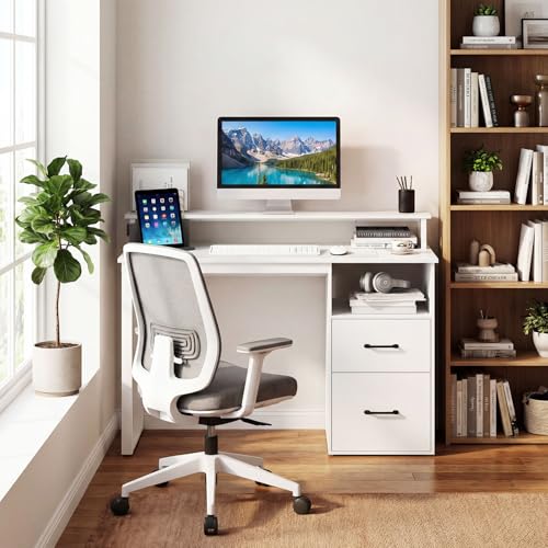 Tangkula Home Office Computer Desk w/Power Outlets | Modern Writing Desk w/Storage Drawers & Shelves, PC Laptop Desk w/Monitor Stand, School Study Work Table for Small Spaces